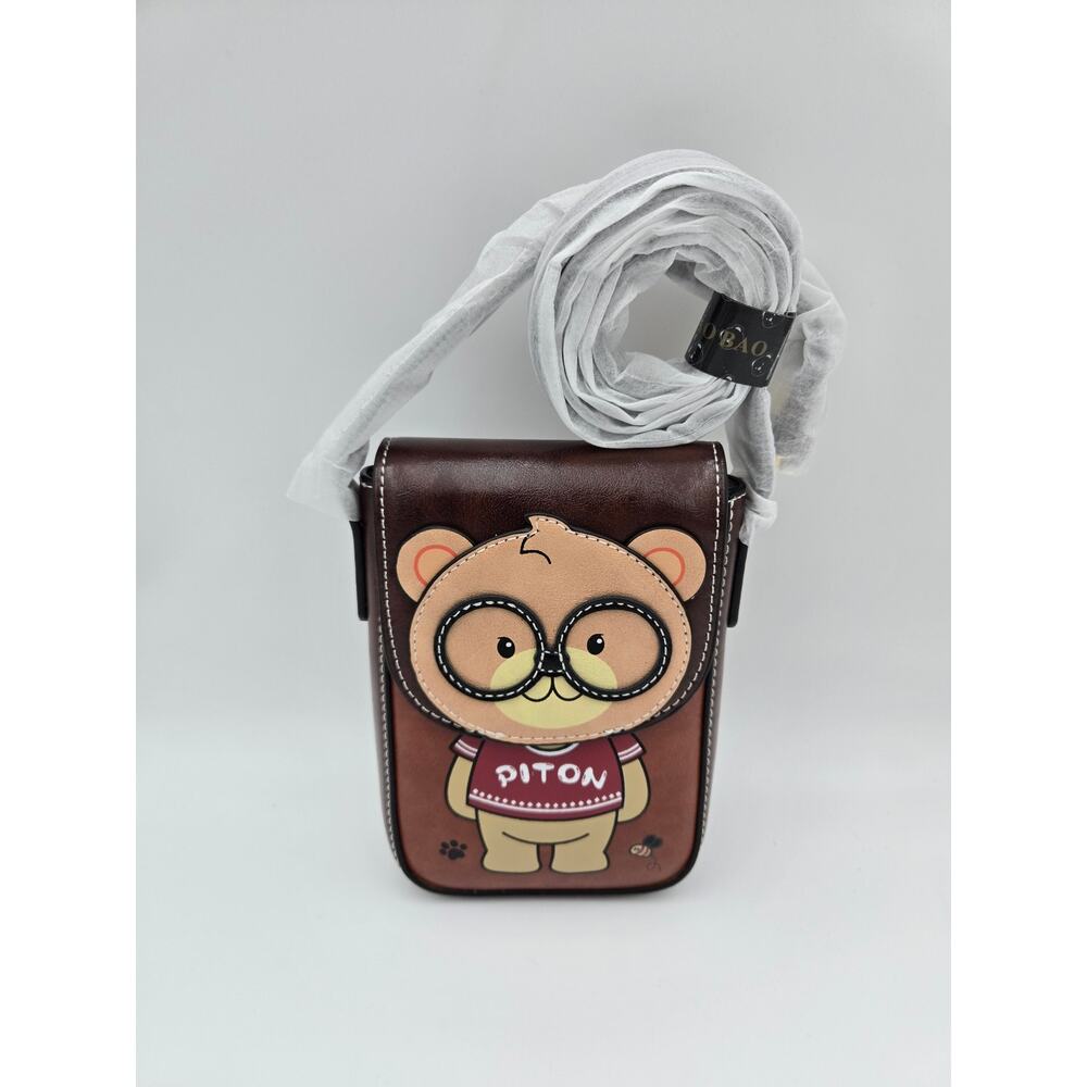 Cute Bear Crossbody Bag Brown Faux Leather Mini Purse New